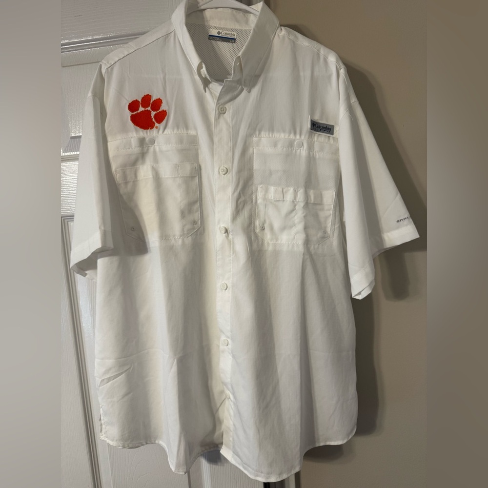 Columbia White button shirt with Clemson paw